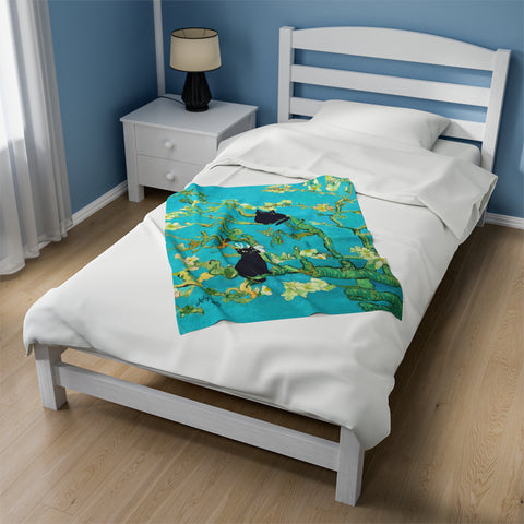 Van Gogh Almond Blossoms With Two Black Cats, Velveteen Plush Blanket