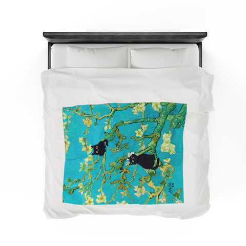 Van Gogh Almond Blossoms With Two Black Cats, Velveteen Plush Blanket