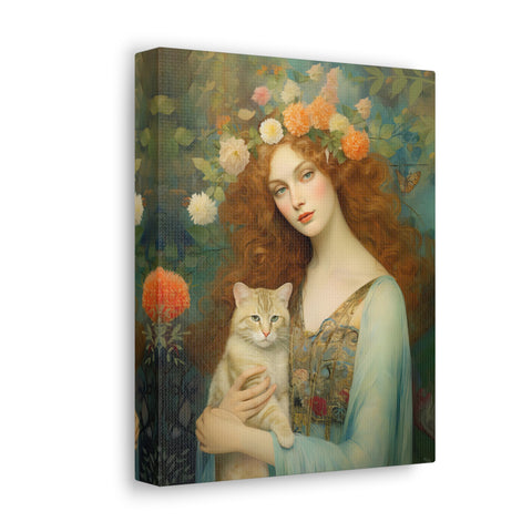 Blooming Serenity, Woman and The Cat Painting, Canvas Gallery Wraps