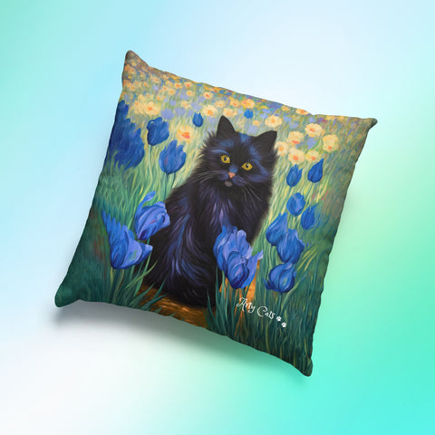 Cute Black Cat Among Irises, Art Print Cushion Pillow