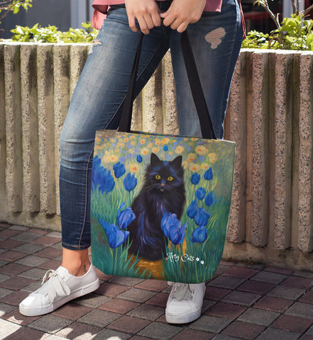 Cute Black Cat Among Irises, Designer Tote Bag