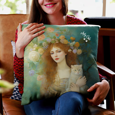 Spring's Fairy Tale, Enchanting Fairy with Her Cat, Art Print Spun Polyester Square Pillow