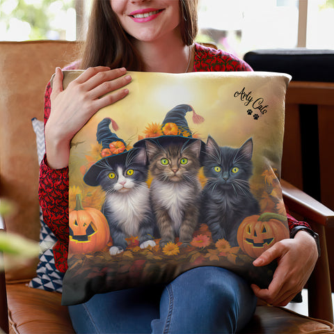 Halloween Kittens in Autumn Splendor Spun Polyester Square Pillow