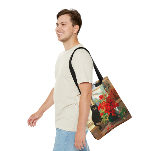 Cat with Bouquet of Poppies, All Purpose Designer Tote Bag