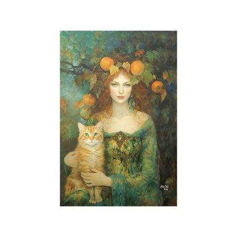 Autumn's Splendor, Lady With Her Cat, Unframed Art Poster