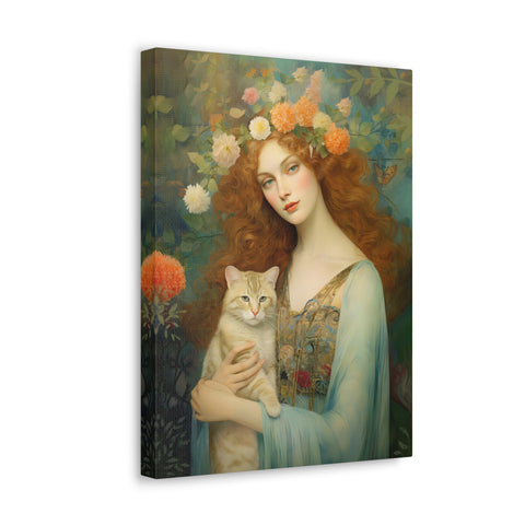 Blooming Serenity, Woman and The Cat Painting, Canvas Gallery Wraps