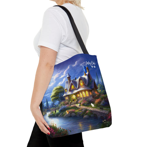 Moonlit Serenade at the Riverside Cottage, Cat Art, All Purpose Designer Tote Bag