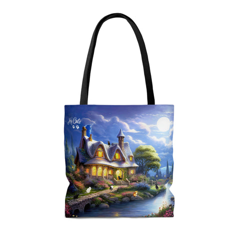 Moonlit Serenade at the Riverside Cottage, Cat Art, All Purpose Designer Tote Bag