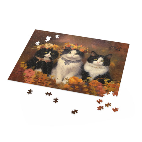 Autumn Kittens in the Blooming Meadow, Cat Art Puzzle 500-Piece