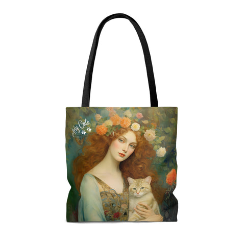 Blooming Serenity, Woman With Her Cat. All Purpose Designer Tote Bag