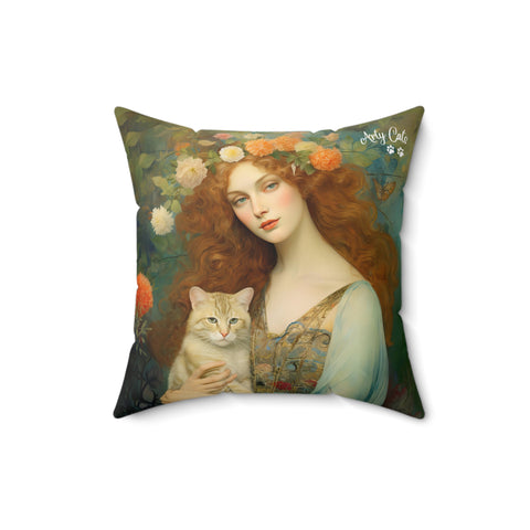 Blooming Serenity, Woman and The Cat, Cat Lover Gift, Unique Art Print Spun Polyester Square Pillow