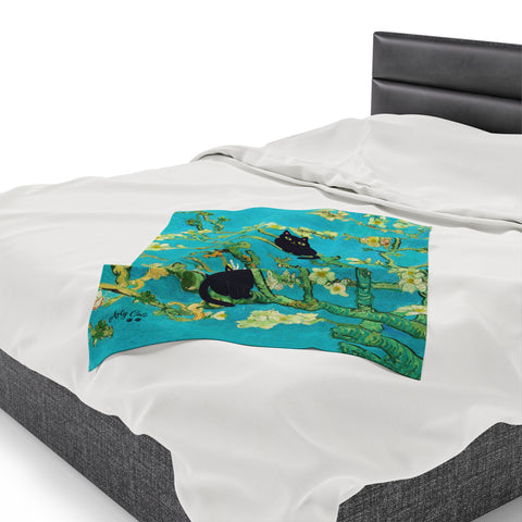 Van Gogh Almond Blossoms With Two Black Cats, Velveteen Plush Blanket