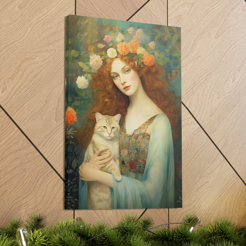 Blooming Serenity, Woman and The Cat Painting, Canvas Gallery Wraps