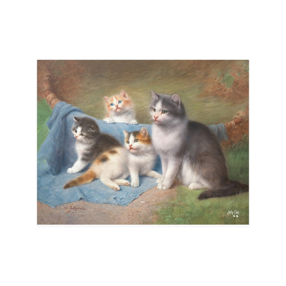 A Cat with Her Kittens by Wilhelm Schwar, Unframed Satin Poster