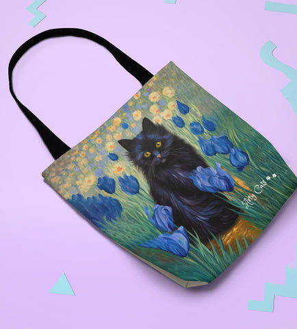 Cute Black Cat Among Irises, Designer Tote Bag