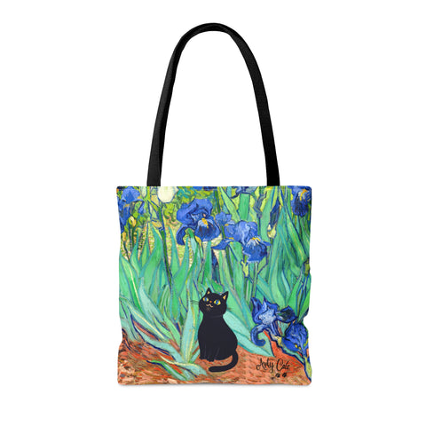 Van Gogh Irises with Cute Black Cat, All Purpose Designer Tote Bag