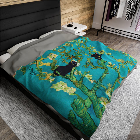 Van Gogh Almond Blossoms With Two Black Cats, Velveteen Plush Blanket