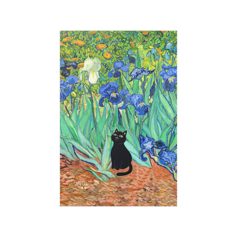 Van Gogh Irises with Cute Black Cat, Printed Satin Poster