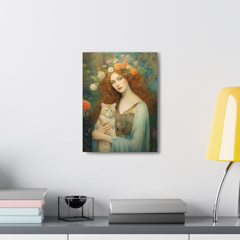 Blooming Serenity, Woman and The Cat Painting, Canvas Gallery Wraps