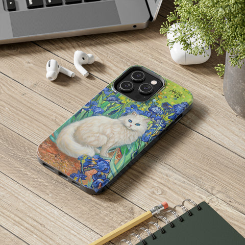 White Cat With Van Gogh Irises, Cat iPhone case, Tough Phone Cases