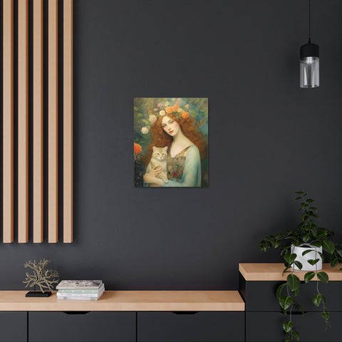 Blooming Serenity, Woman and The Cat Painting, Canvas Gallery Wraps