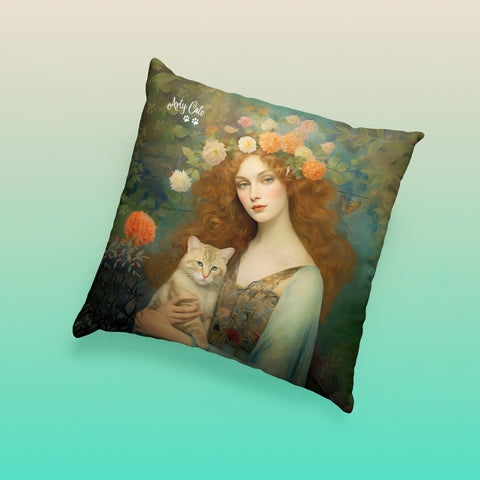 Blooming Serenity, Woman and The Cat, Cat Lover Gift, Unique Art Print Spun Polyester Square Pillow