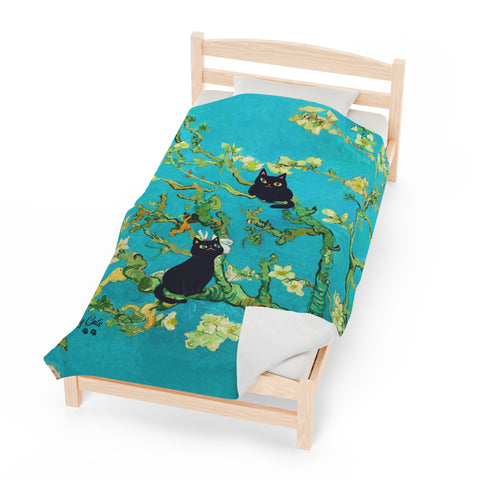 Van Gogh Almond Blossoms With Two Black Cats, Velveteen Plush Blanket