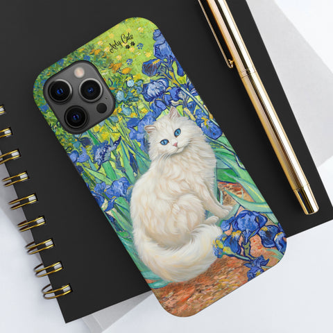 White Cat With Van Gogh Irises, Cat iPhone case, Tough Phone Cases