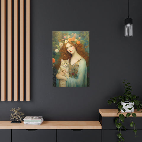 Blooming Serenity, Woman and The Cat Painting, Canvas Gallery Wraps