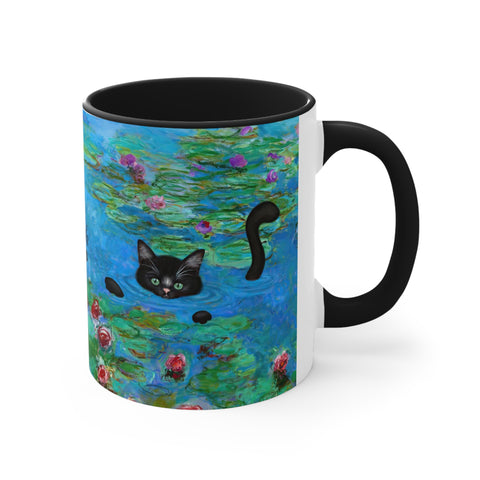 Monet's Water Lilies with Swimming Cat, Accent Coffee Mug, 11oz