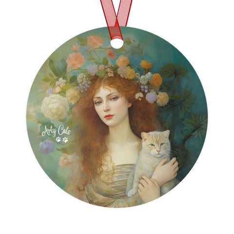 Enchanting Fairy with Her Cat, Christmas Metal Ornaments