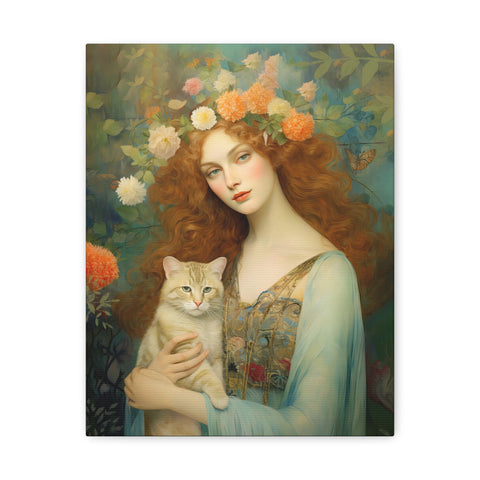 Blooming Serenity, Woman and The Cat Painting, Canvas Gallery Wraps