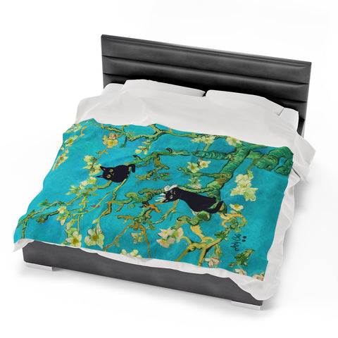 Van Gogh Almond Blossoms With Two Black Cats, Velveteen Plush Blanket