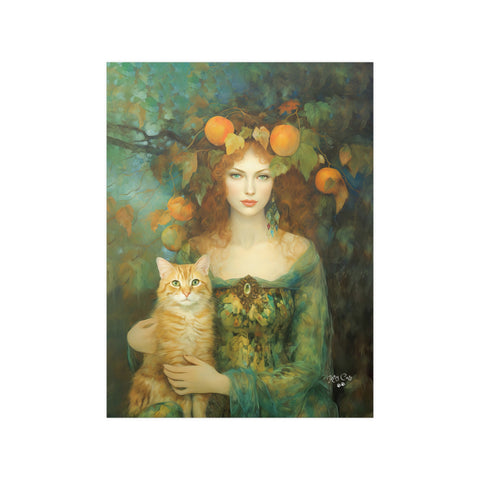 Autumn's Splendor, Lady With Her Cat, Unframed Art Poster