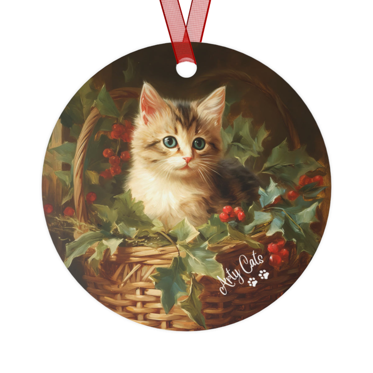 Kitten in the Basket, Christmas Metal Ornaments