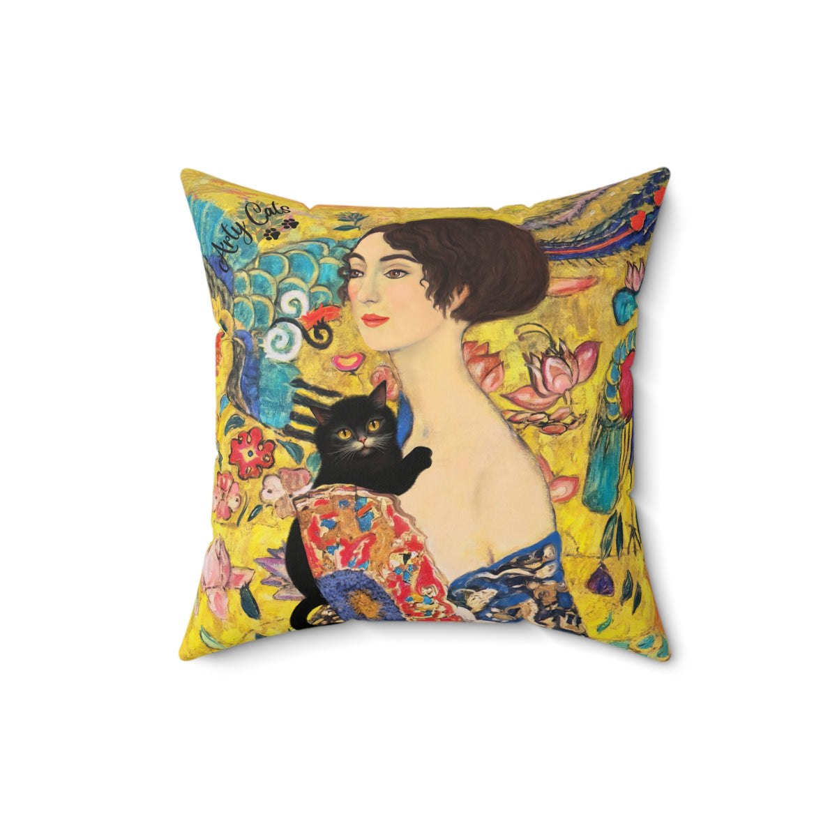 Lady With Fan and Cat, Vintage Gustav Klimt Art Print Spun Polyester Square Pillow