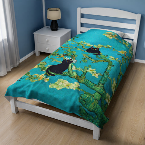 Van Gogh Almond Blossoms With Two Black Cats, Velveteen Plush Blanket