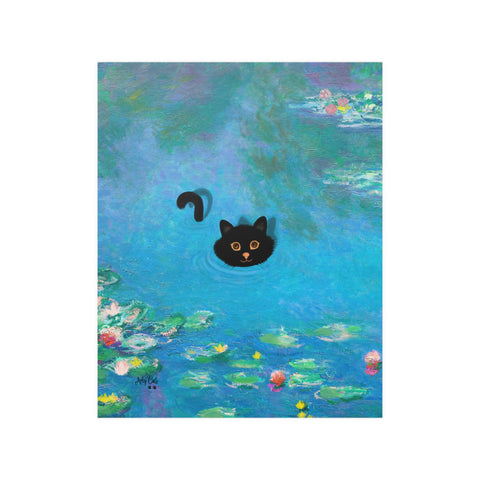 Monet Water Lily Cat Poster, Unframed Printed Satin Poster