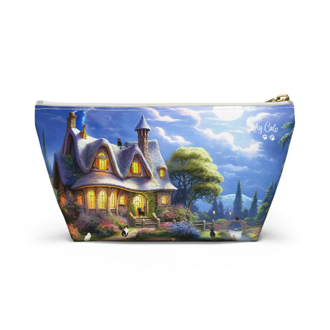 Moonlit Serenade at the Riverside Cottage, Cat Art , All purpose Accessory Pouch