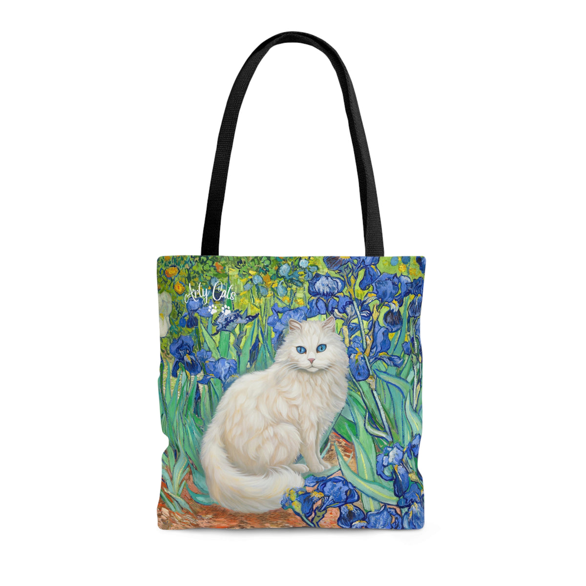 White Cat With Van Gogh Irises, All Purpose Designer Tote Bag