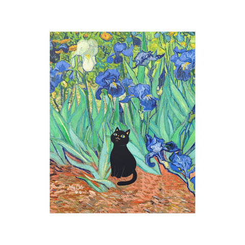 Van Gogh Irises with Cute Black Cat, Printed Satin Poster