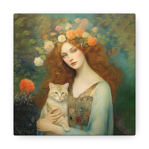 Blooming Serenity, Woman and The Cat Painting, Canvas Gallery Wraps