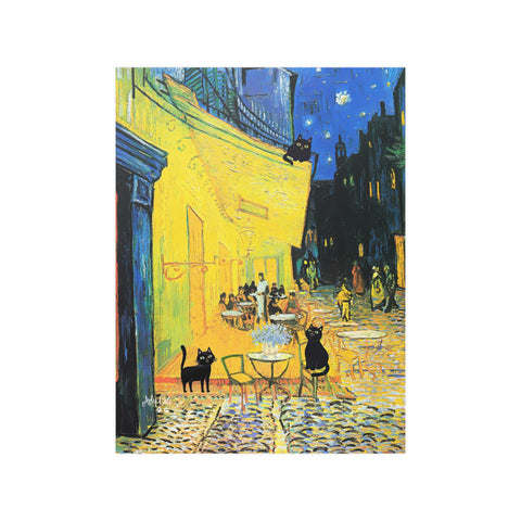 Vincent Van Gogh's Cafe Terrace at Night with 3 Black Cats Poster, Unframed Satin Poster