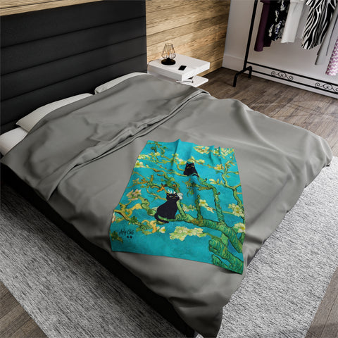 Van Gogh Almond Blossoms With Two Black Cats, Velveteen Plush Blanket