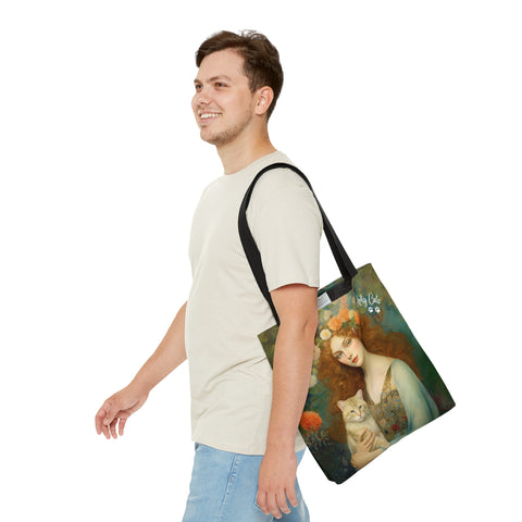 Blooming Serenity, Woman With Her Cat. All Purpose Designer Tote Bag