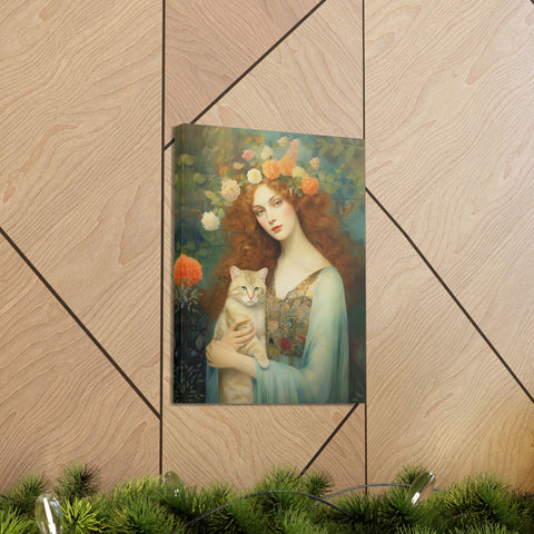 Blooming Serenity, Woman and The Cat Painting, Canvas Gallery Wraps