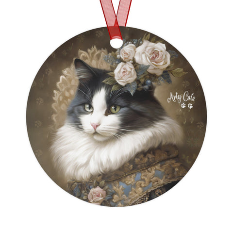 Victorian Cat with Roses, Christmas Metal Ornaments