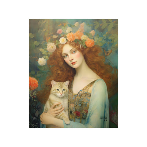 Blooming Serenity, Woman and The Cat Painting, Unframed Printed Art Poster