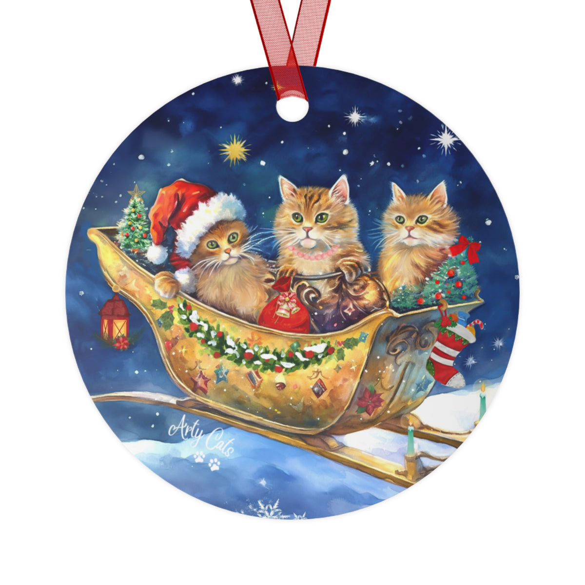 Cat Cheers Express in the Starry Night, Christmas Metal Ornaments