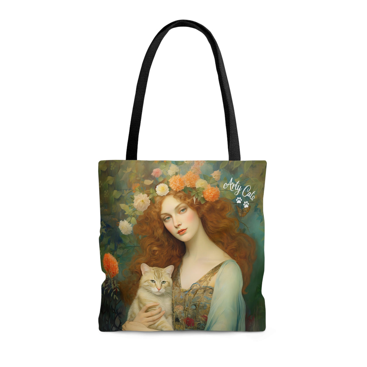 Blooming Serenity, Woman With Her Cat. All Purpose Designer Tote Bag